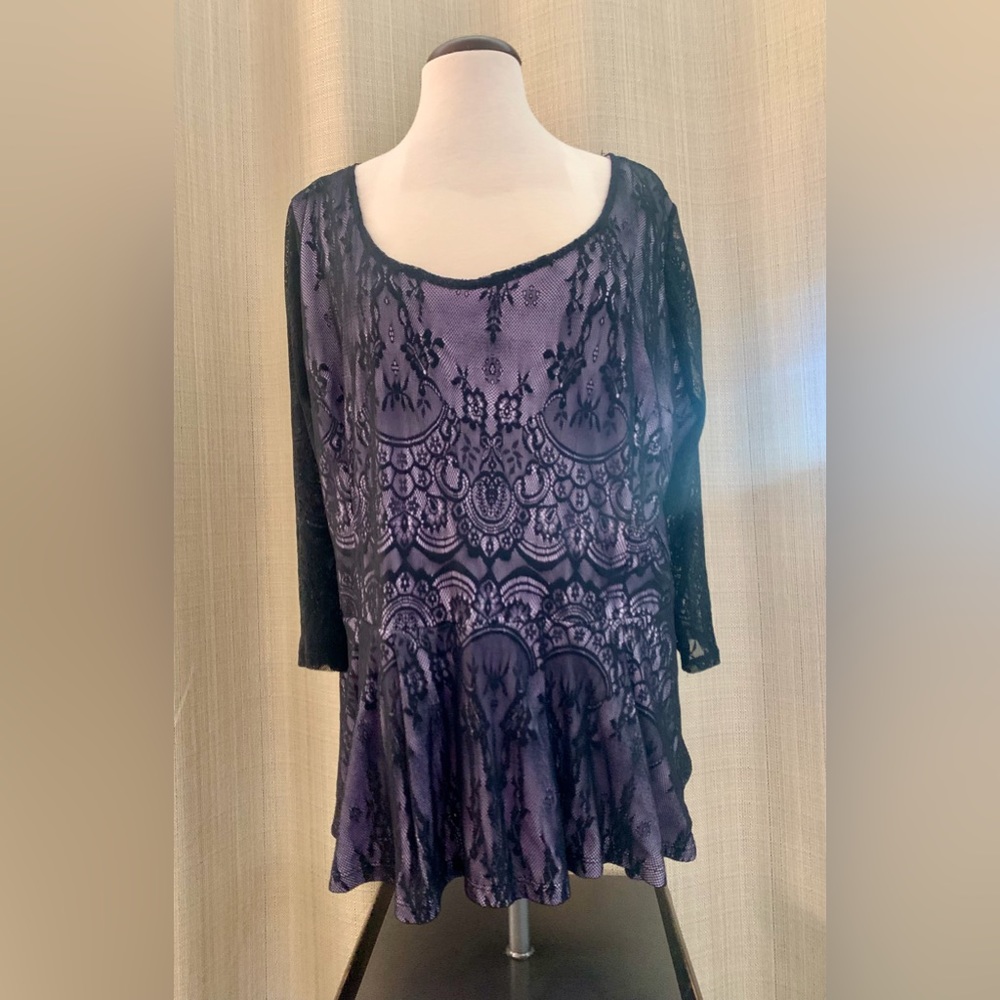 Lane Bryant Top 22/24 Gorgeous Floral Lace Dark Purple Lined Drop Waist Peplum